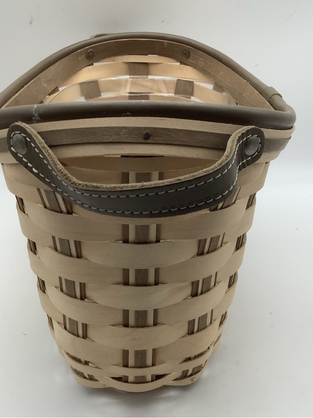 Longaberger Tan and Brown Woven Bicycle Basket with Leather Handles and Liner - Picture 4 of 10